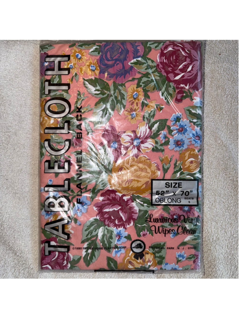 NIP 1990 VTG Better Homes Oblong 52x70 Vinyl Flannel Back Table Cloth Floral
